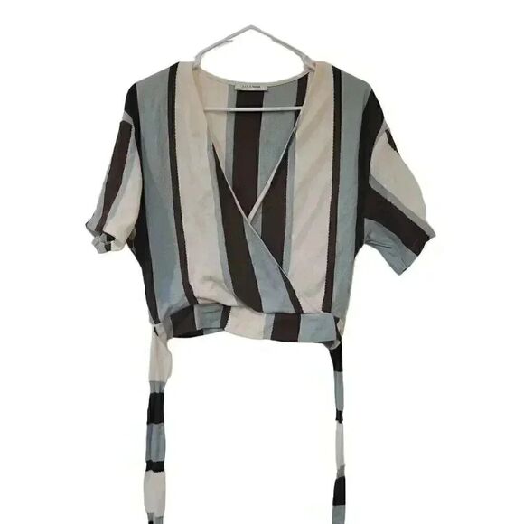 Zara Women's Blue/Cream/Brown Striped Cotton Poly Wrap Shirt - Picture 10 of 12